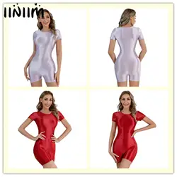 Womens Oil Glossy Swimsuit One Piece Short Sleeve Round Neck Bodysuit Swimwear Sport Running Yoga Swimming Tights Jumpsuit