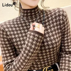 Turtleneck Plush Thicken Jacquard Thousand Bird Grid Women's Clothing Slim Intellectuality Autumn Winter Bottoming T-Shirts Wild