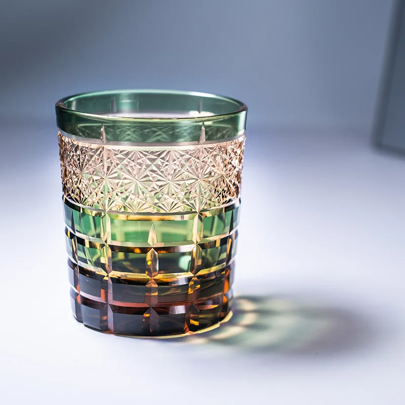 Edo Kiriko Drinking Glass Pure Handmad Crystal Whisky Cup For Scotch-Bourbon Hand Cut Design Cocktail Glass With Woodbox