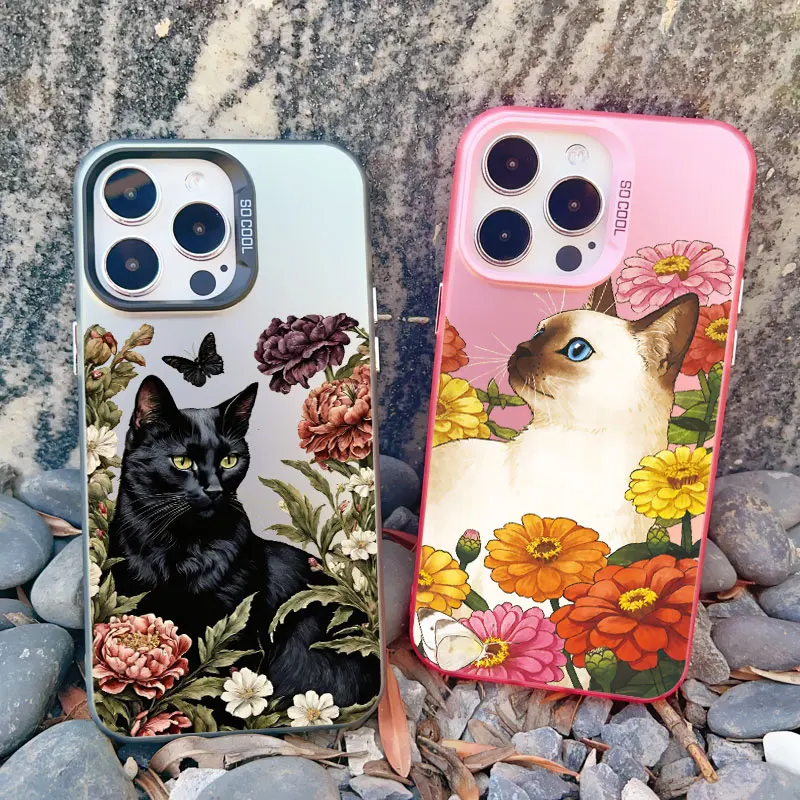 A Cat Among Flowers Phone Case For iPhone 13 11 12 Pro Max 13 Mini 15 14 Plus Pro Max Shockproof Laser Matte Back Covers Fundas