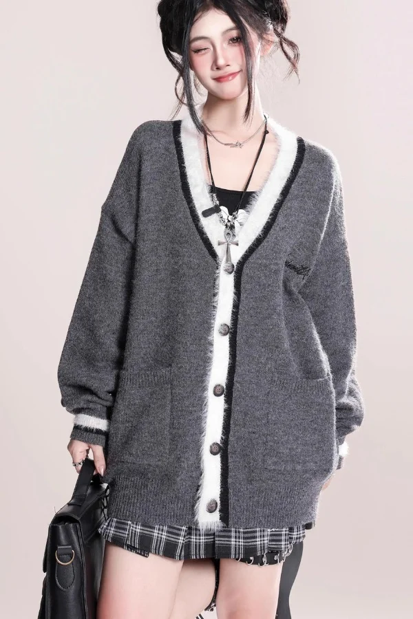 

2024 V Neck Mohair Sweater Women Autumn Loose Fit Knitwear Elegant Soft Pullover Chic Lazy Style Cardigan Top Female Fashion
