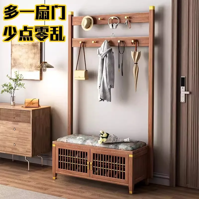 New Chinese-style coat rack, shoe changing stool integrated household door entrance, all solid wood with door shoe cabinet,