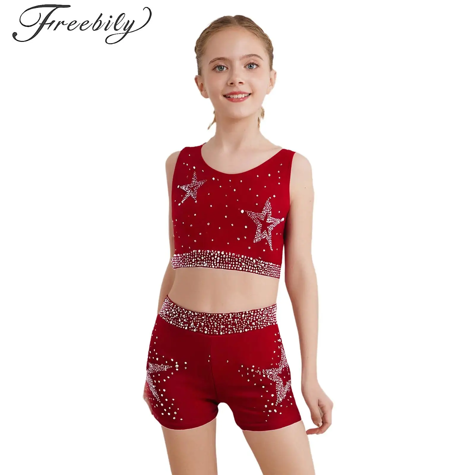 

Girls Gymnastics Ballet Dance Outfit Shiny Rhinestones Crisscross Back Crop Top Vest with Shorts Skating Acrobatics Dancewear
