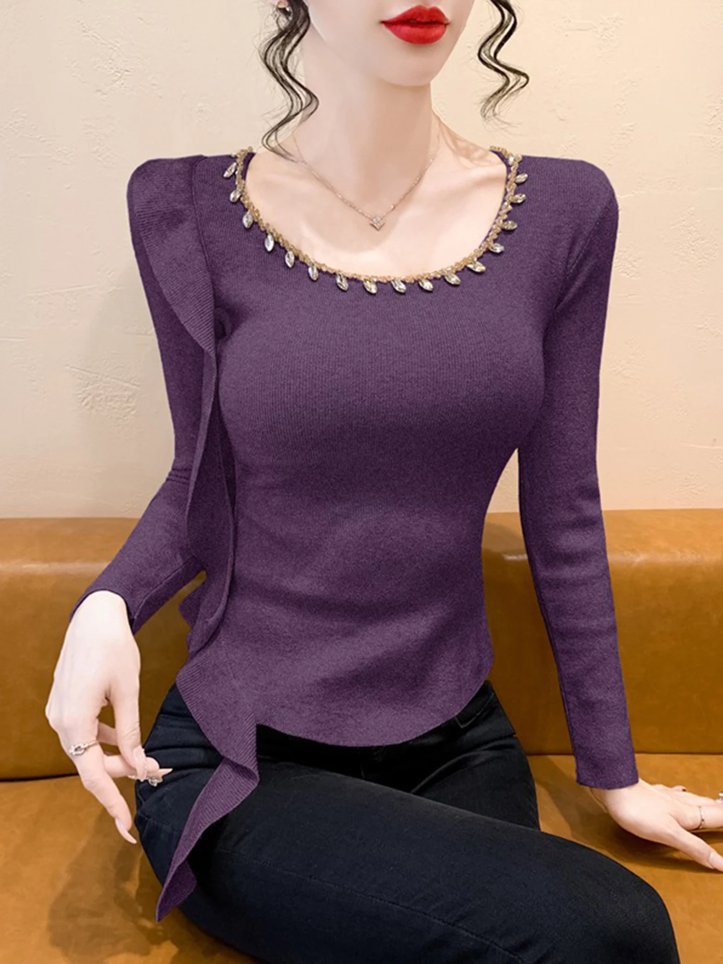 Mujer Slim Fit Long Sve Base de punto irt Asimétrico Empalme Cinturón Ropa interior Top principios de otoño Nuevo Sle Poliéster...