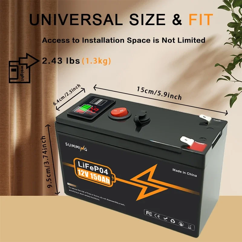 12V 150Ah Lithium LiFePO4 Deep Cycle Battery for Off-Grid Applications, Solar,Fish Finder,Lighting, Power Wheels Built-in BMS