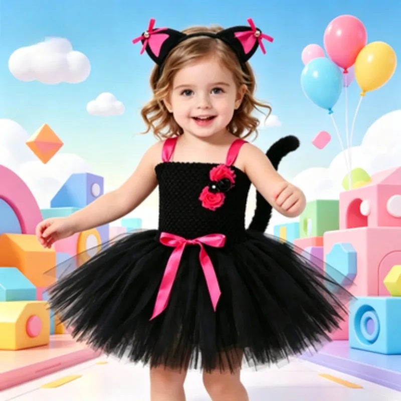Black mesh tutu skirt with kitten patterns for girls, ideal for festivals and birthday parties. Comes with three accessories.
