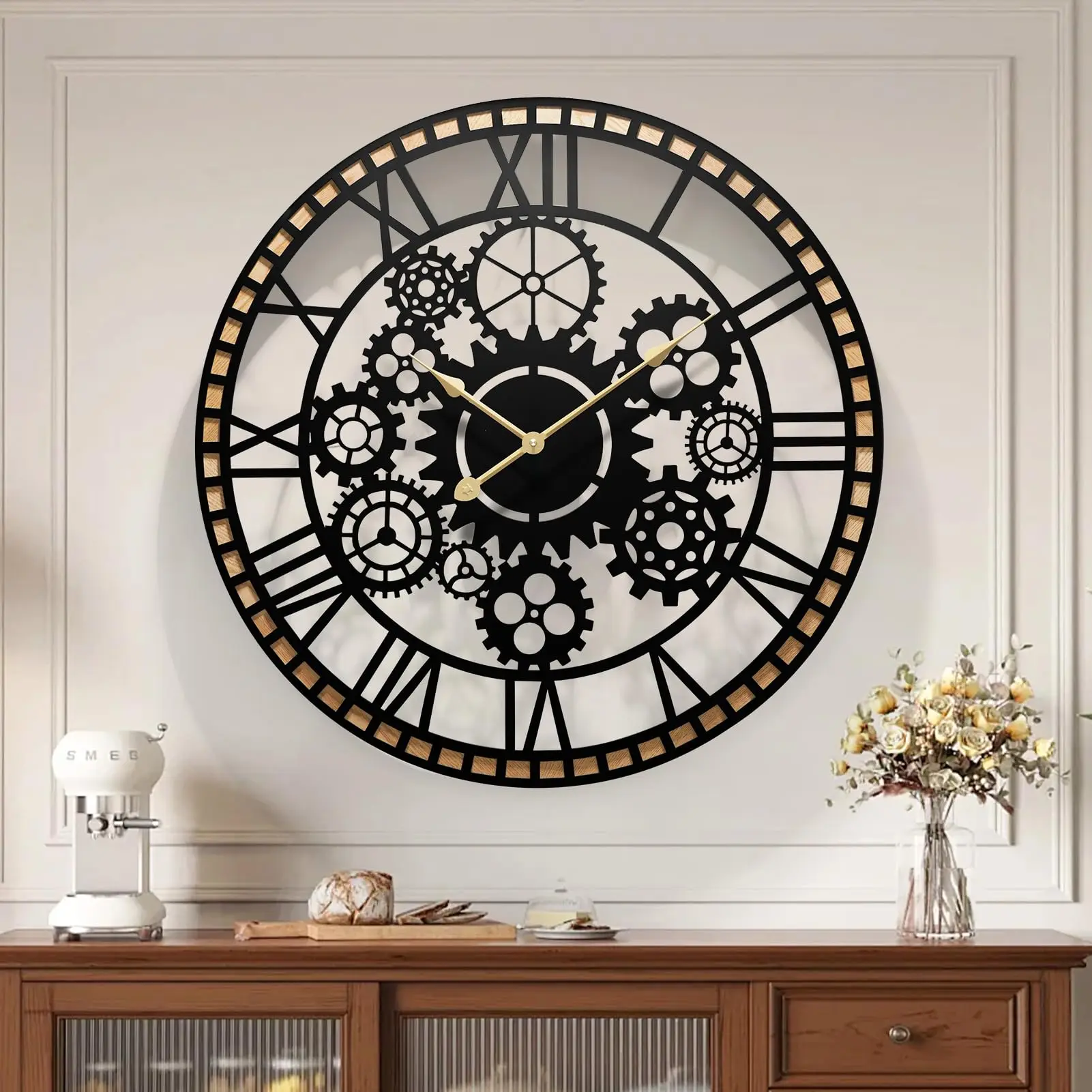 

Large Industrial Gear Wall Clock With Wooden Frame For Living Room Office Kitchen Decor