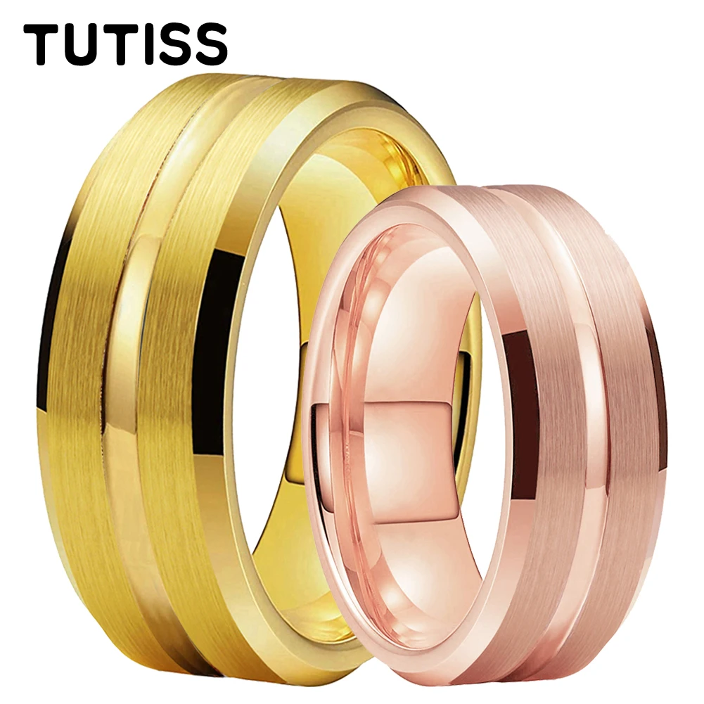 

TUTISS 8mm Gold Rose Color Tungsten Carbide Ring Men Women Wedding Band Center Groove Brushed Beveled Edges