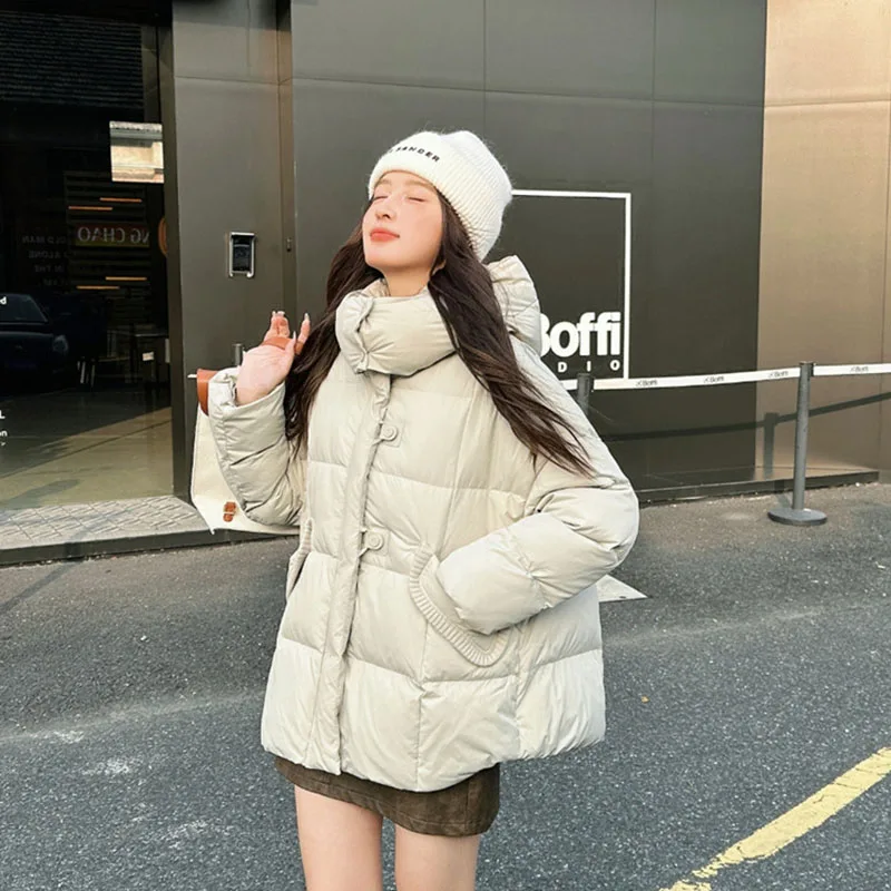 Inverno quente jaqueta feminina 2025 novo design elegante sentido engrossado pato branco para baixo com capuz jaqueta feminina h649