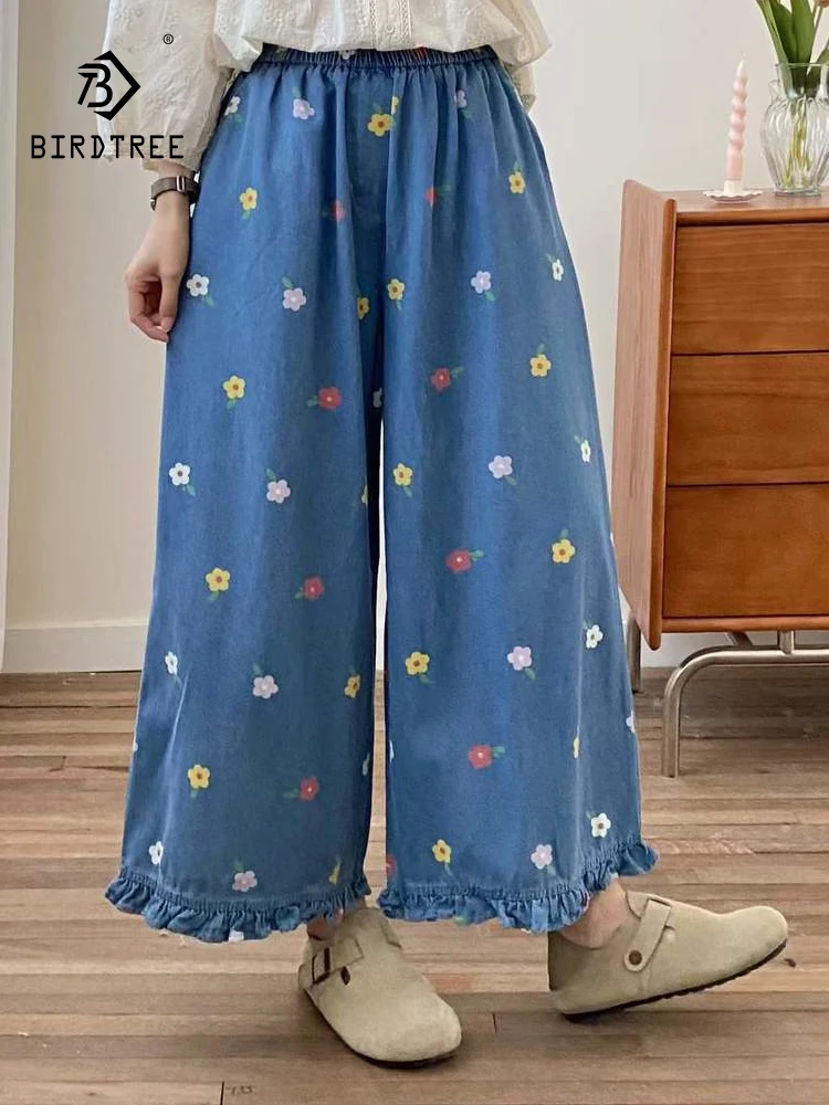 

New 2025 Summer Denim Cotton Jeans, Women Elastic Waist Floral Print Ruffles, Mori Girl Vintage Sweet Wide Leg Trousers B55223CC