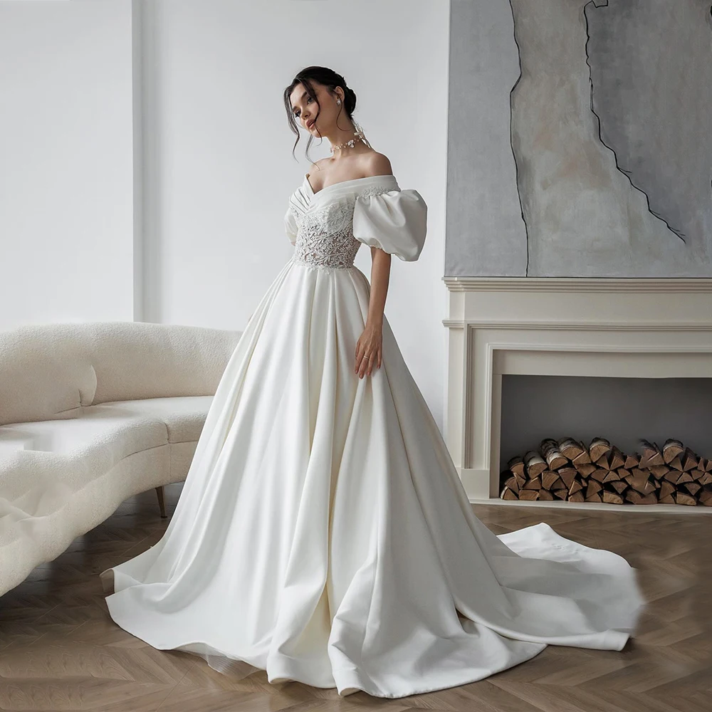 

Exquisite Wedding Dresses Lantern Sleeve Strapless A-Line Bride Dress with Beading Satin Bridal Gown Customized robe de mariée