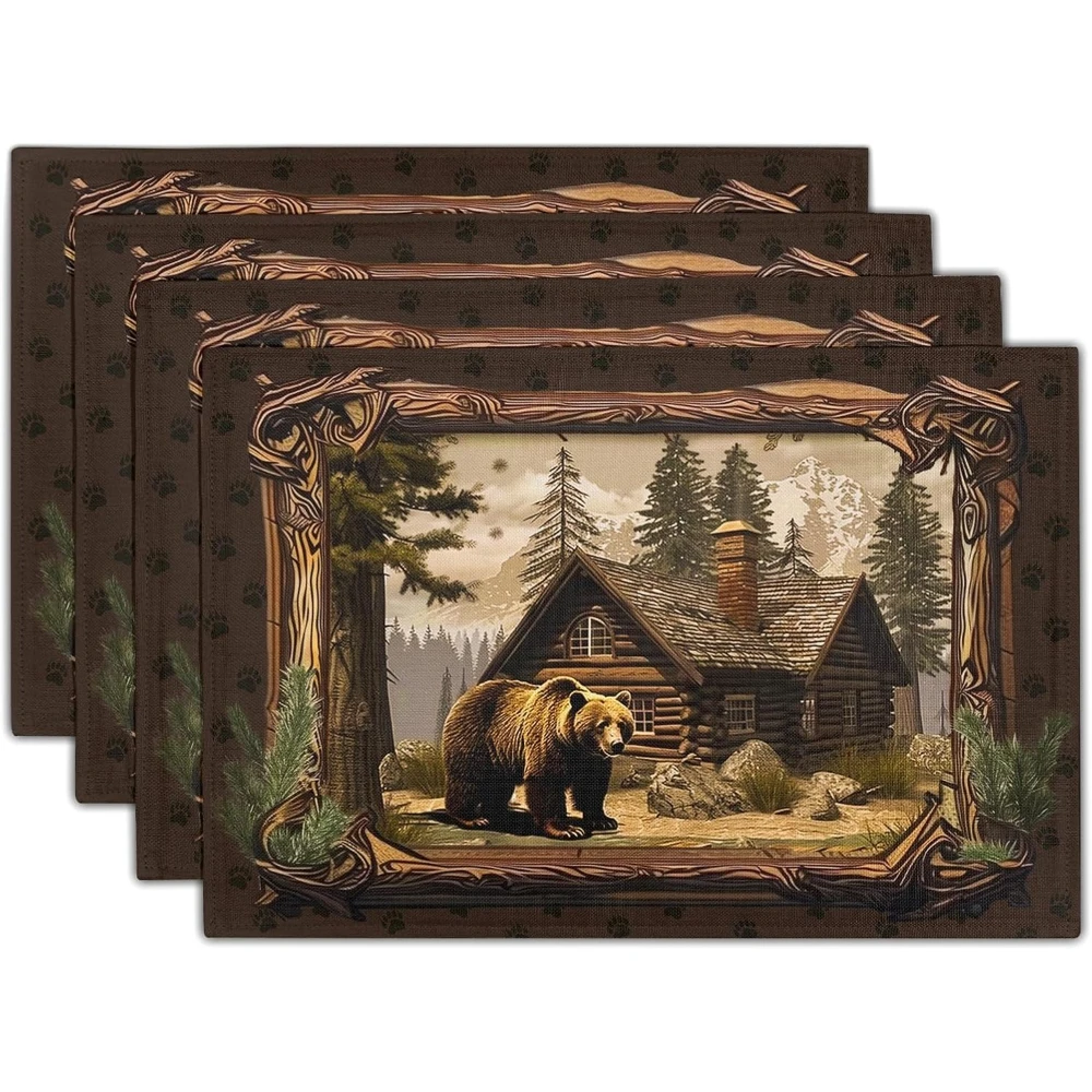 

Bear Placemats Set of 4 - Lodge Cabin Place Mats 12x18 Inch Rustic Farmhouse Wild Animal Table Mats Country Woodland Kitchen