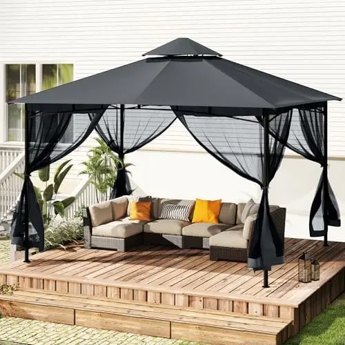 Patio Gazebo 12' X 12', Ventilated Double Roof & Mosquito Netting, Outdoor Gazebo with Metal Frame, Soft Top Canopy for