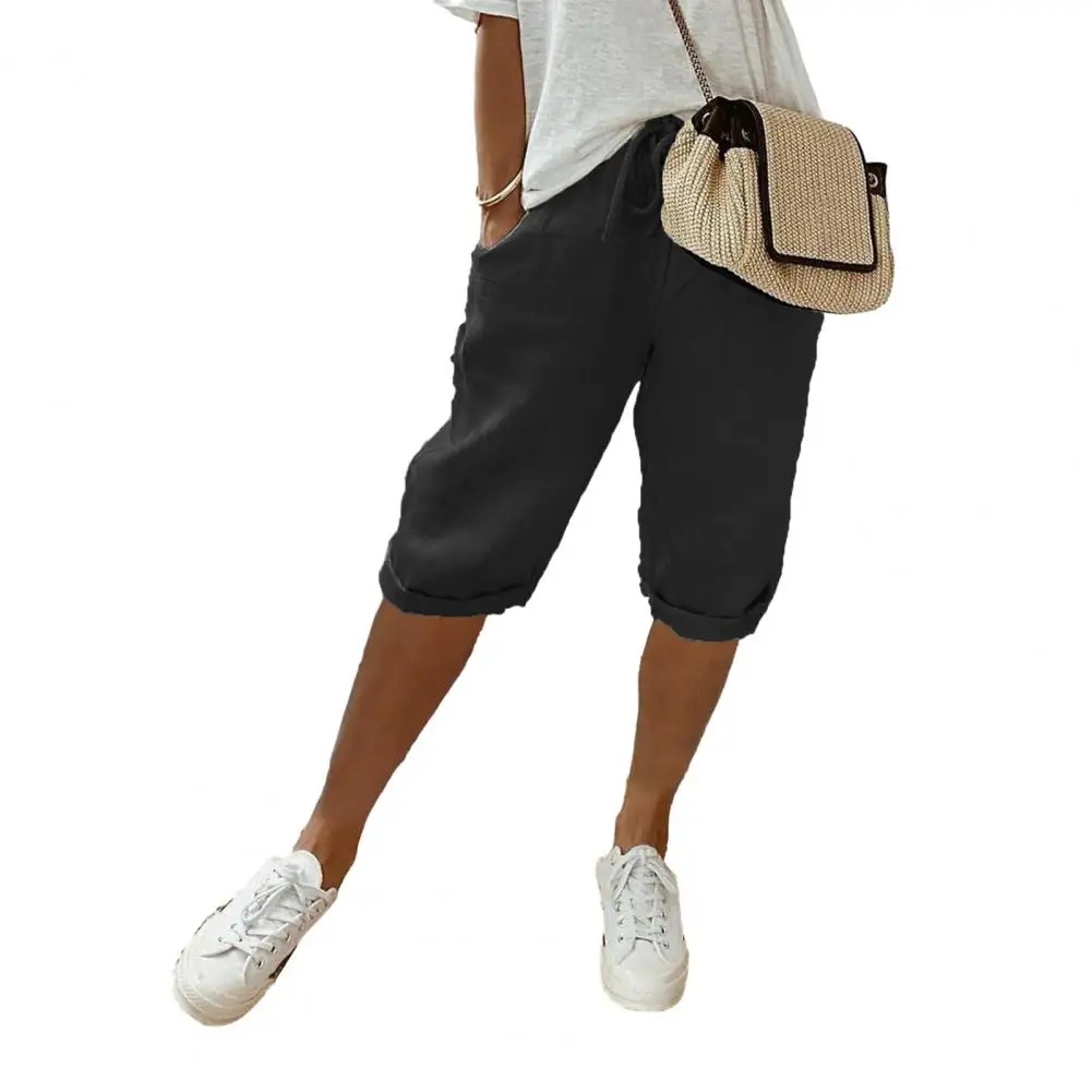Linen Bermuda Shorts for Women Knee Length Elastic Drawstring Waist Shorts Summer Casual Beach Outfits with Pockets Straight Fit