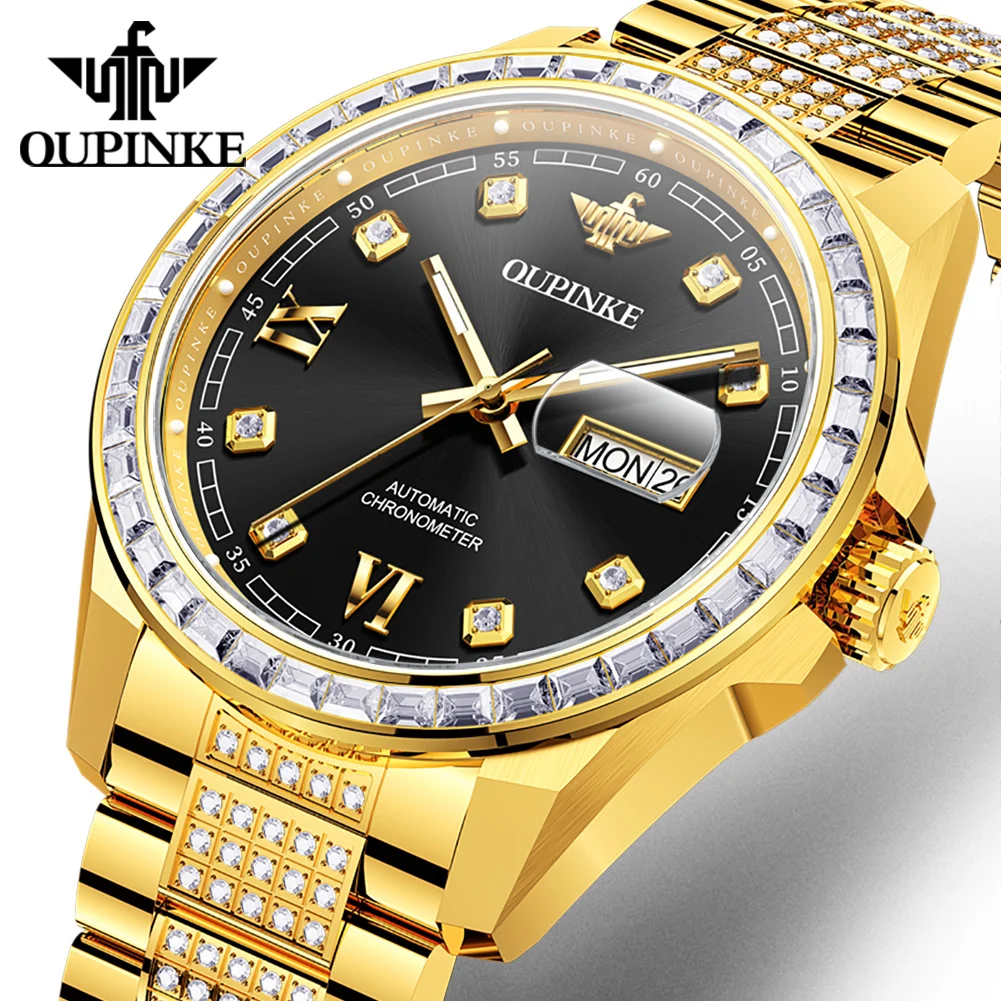OUPINKE 3328 Full Diamond Stainless Steel Automatic Mechanical Men's Watches Original Dual Calendar Luxury Business Wristwatches