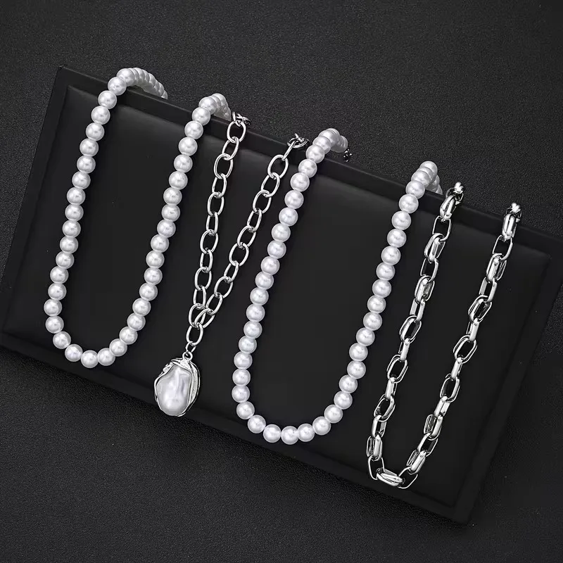 4-teiliges Elegantes Unregelmäßiges Perlenketten-Set für Damen, Übertriebener Vintage-Punk-Stil, Hochzeitsschmuck-Geschenke – Detail 3