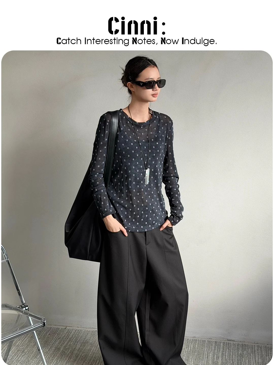 

Cinni2026 Early Spring Loose Fit Polka Dot Top Vintage Sle Semi-Transparent Elastici Lazy Sle Women's irt
