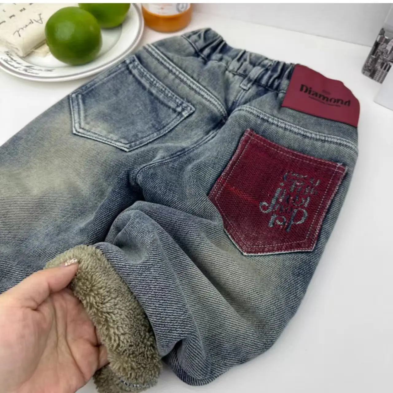 Boys' Lamb Fleece Jeans Autumn/Winter 2025 New Collection Children's Plush Thick Pants Baby One piece Plush Warm Pants
