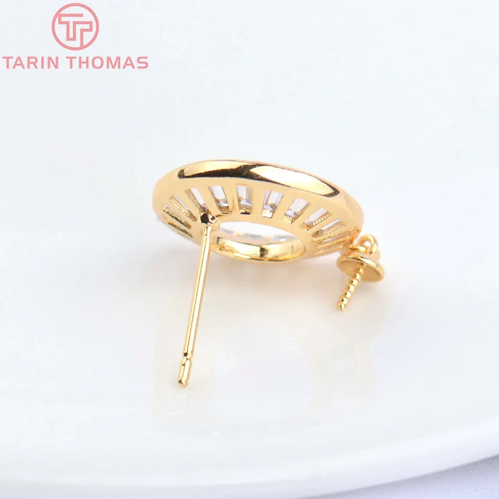 (4919) 2PCS 15MM 24K Gold Color Brass with Zircon Round Charms Stud Earrings High Quality DIY Jewelry Making Findings Wholesale