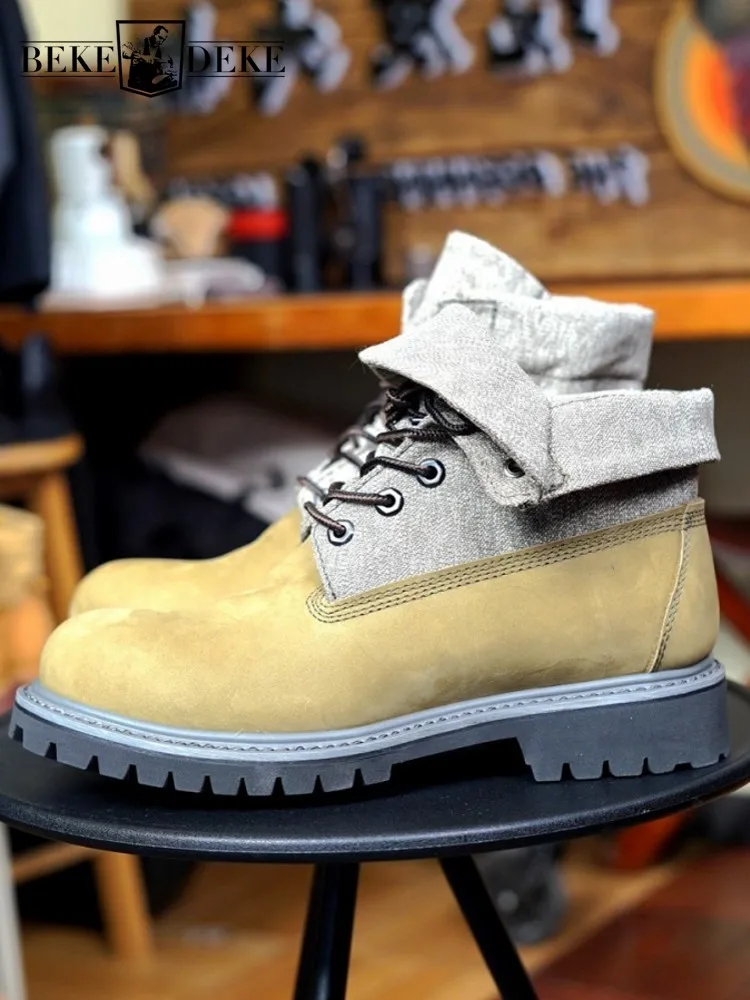 Waterproof Canvas Spliced Real Cow Suede Leather Ankle Boots High Top Work Shoes Man New Motor Biker Riding Safety Boots Lace Up