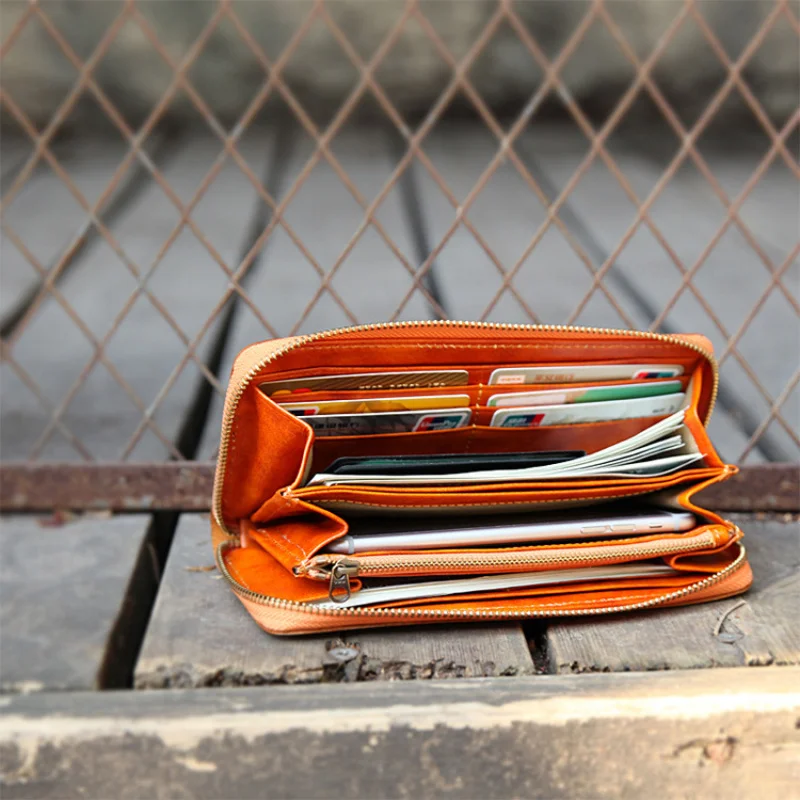 Japanese Style Long Wallet Handmade Burnished Leather Full Grain Cowhide Zipper Closure Horizontal Design