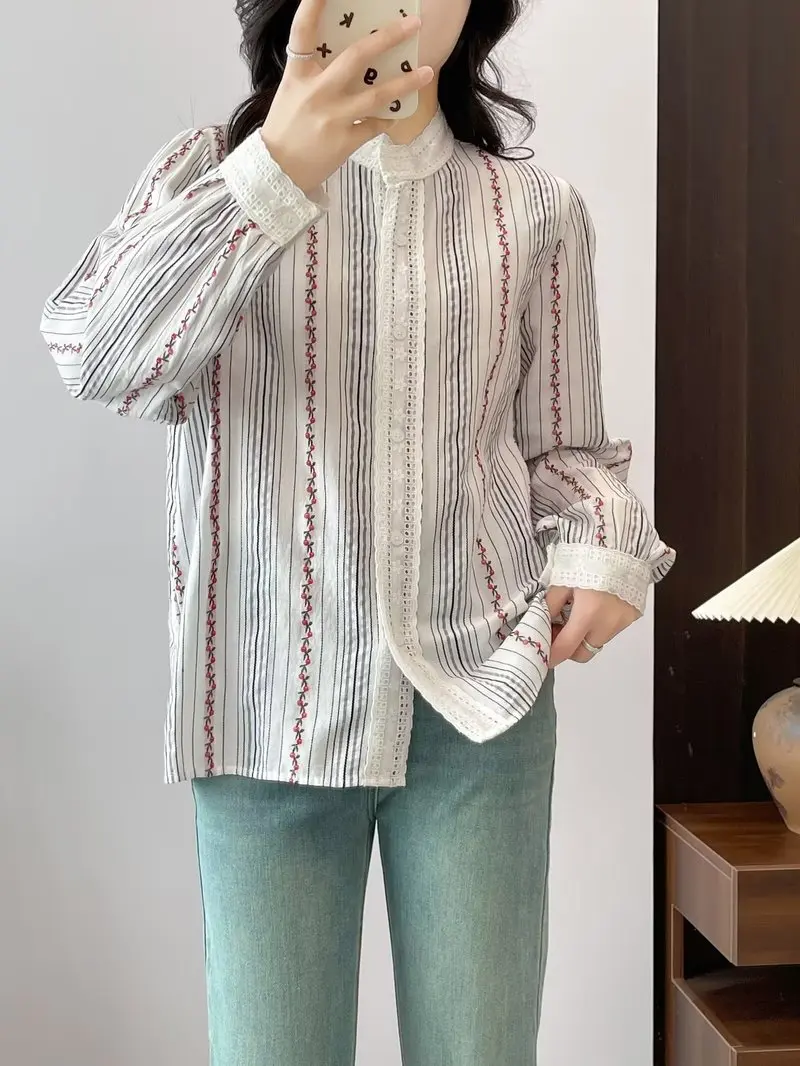 

2025 Ladies clothing korea fashion stand collar striped lace patchwork shirts long sleeve blouses for women cotton tops