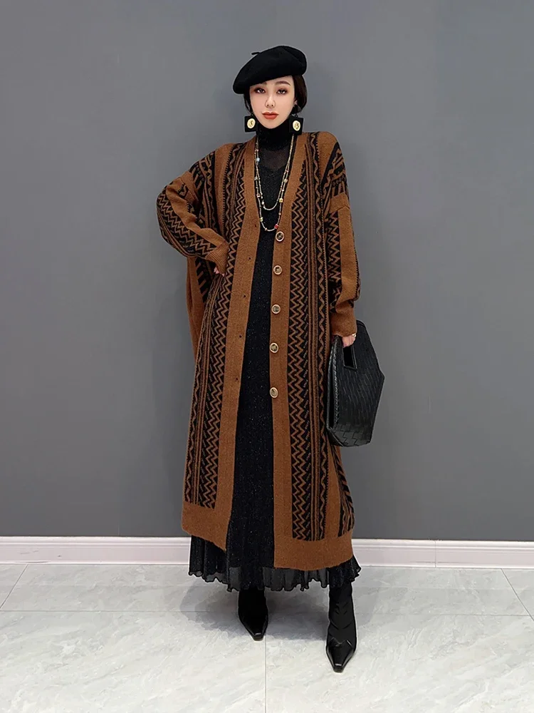 XITAO Vintage Knitting Cardigan Fashion Contrast Color Spicing Long Women Sweater Coat 2024 Spring New All-match WLD10022