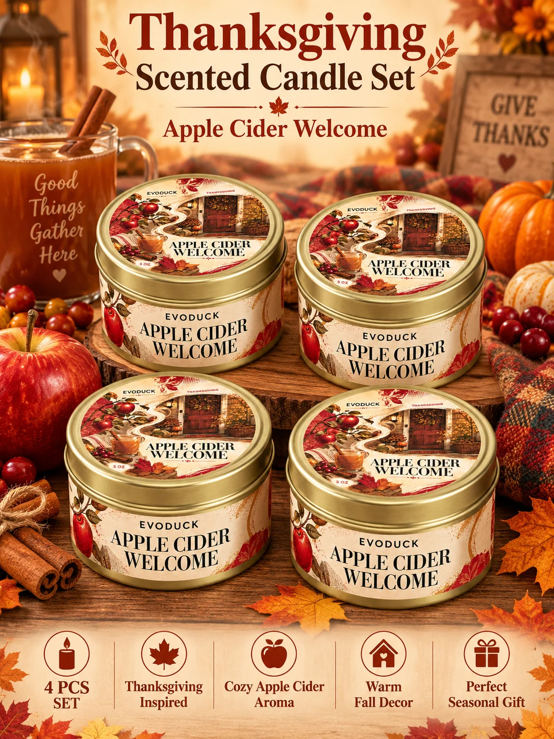 4Pcs Cranberry Fir Supper Scented Candles Set 3oz Gold Tin Jar Thanksgiving Holiday Dinner Table Decor Gift for Host Guest Women