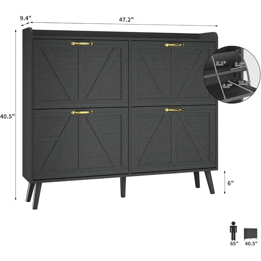 Narrow Wooden Shoe Cabinet with 4 Flip Drawers Black Slim Hidden Rack for Hallway Entryway
