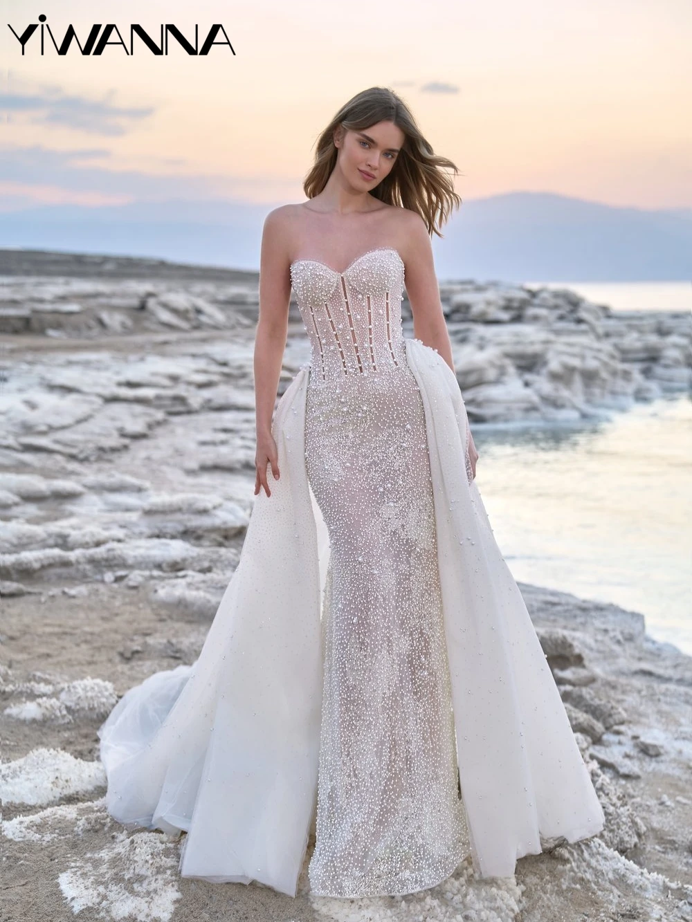 

Detachable Train Mermaid Bride Robe Romantic Sweetheart Neck Bridal Gown Glitter Pearls Sleeveless Weddding Dress Robe De Mariée