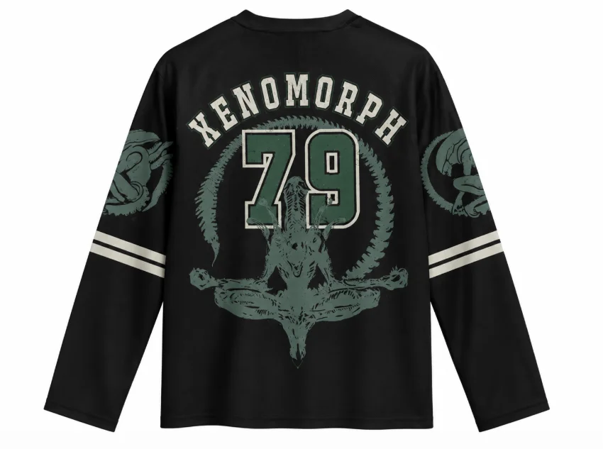 Unisex Vintage Xenomorph V Neck Long Sleeve Mesh Shirt Retro Sci-fi Monster Print Streetwear Tops for Men Women