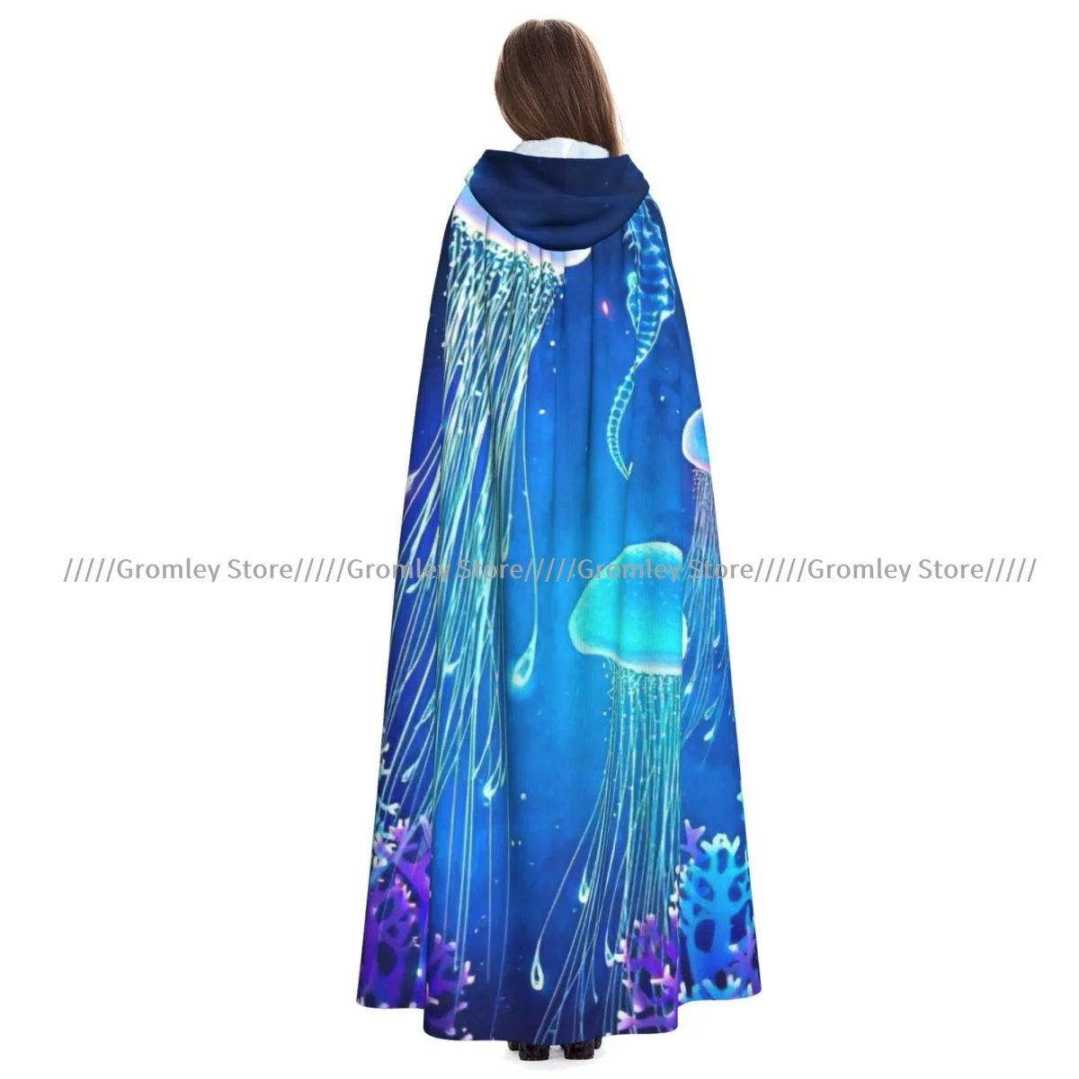 Magic Glowing Jellyfish Underwater Witch Cloak Hooded Cosplay Costume Halloween Adult Long Party Cape