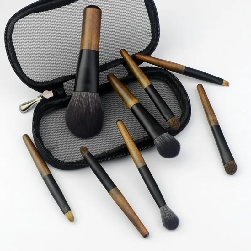 8 Pcs Mini Soft Wooden Makeup Brush Set - Powder,Stippling,Eyeshadow,Blush,Highlighter,Contour,Blending Brushes