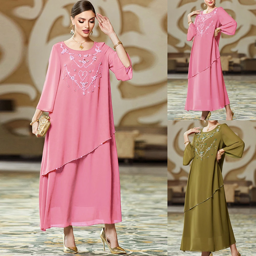 

Chiffon Kaftans Dubai Abaya Dresses For Women Pakistan Turkey Diamonds Islam Muslim Hijab Dress Robe Longue Femme Musulmane