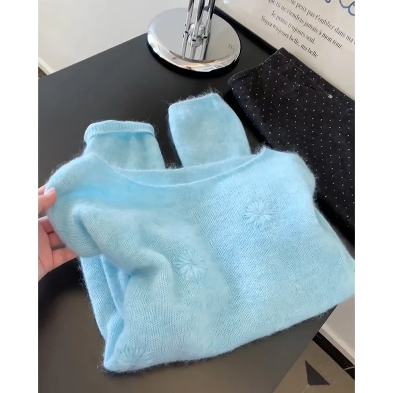 

Корейский вязаный свитер с цветочной вышивкой допане, женский осенний новый уникальный супер красивый топ для внутренней одежды