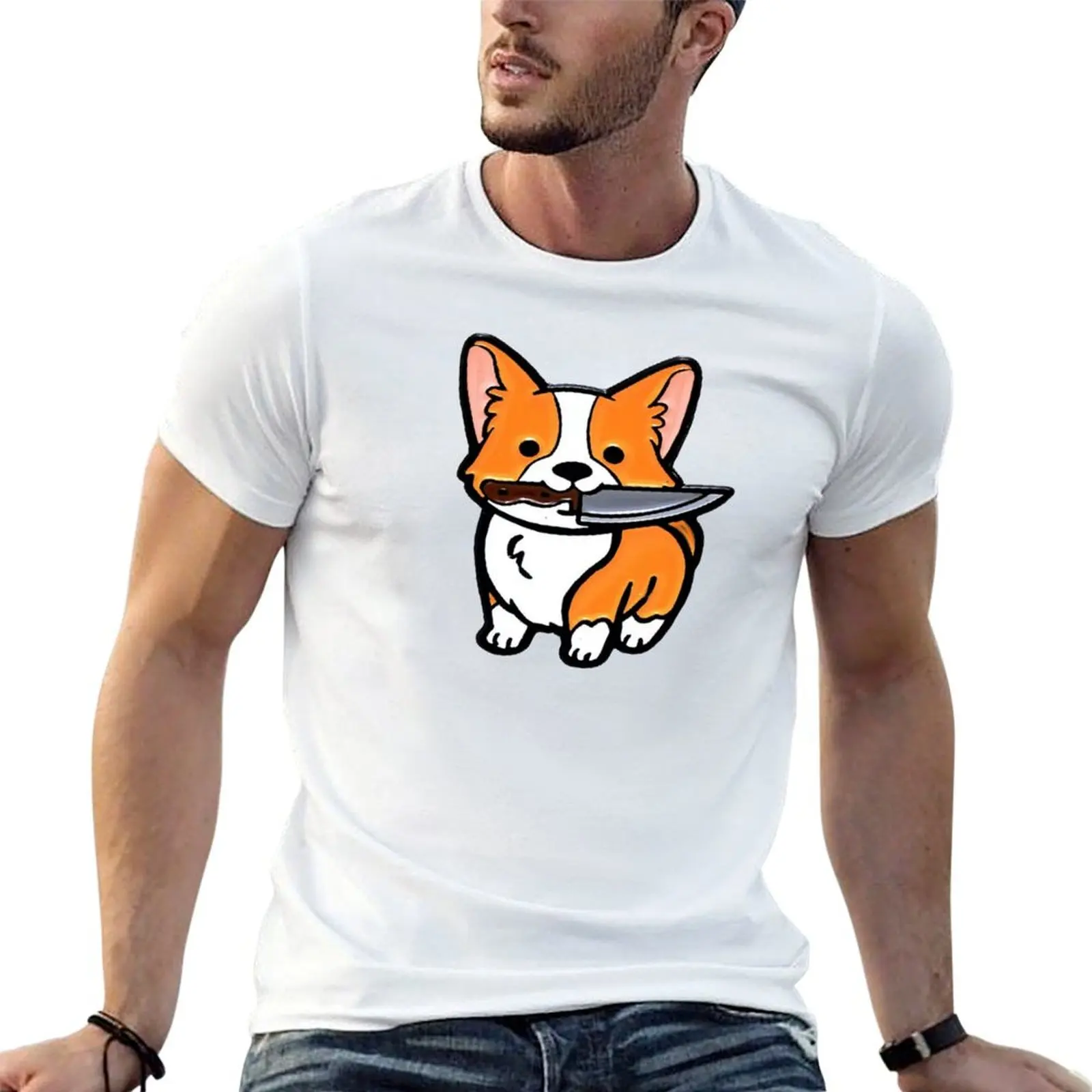 Corgi Knife T-Shirt Basic Plain Tee for Spring and Summer