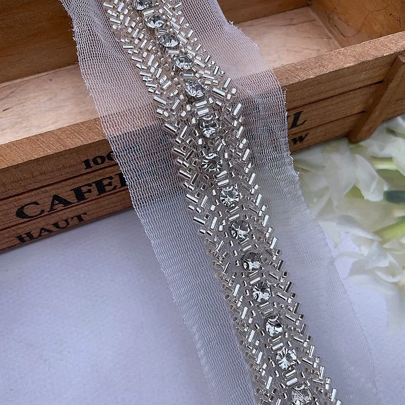 2Yards/Lot Embroidery Crystal Beaded Lace Trim 2.5cm Wide Hand Sewing Pearls Lace Tape For Clothing Collar DIY Crafts Decoration