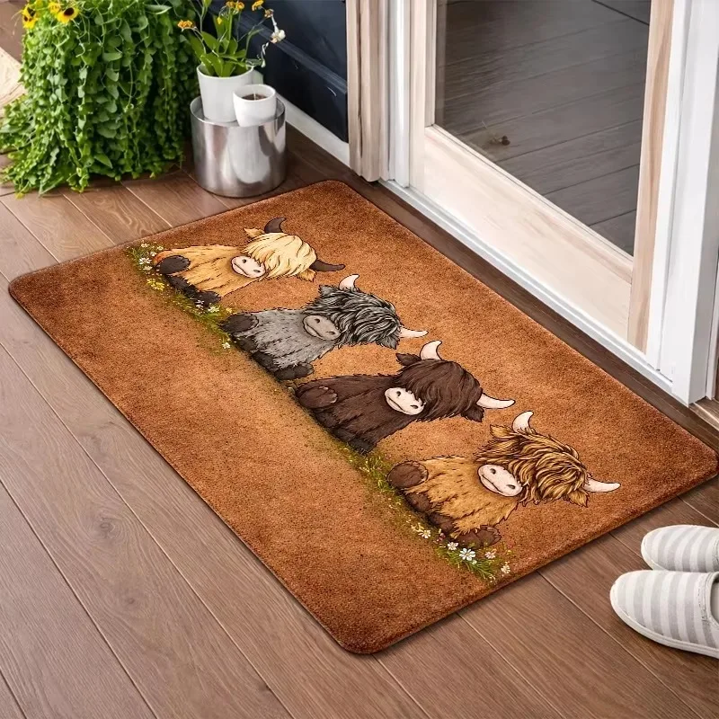 Entrance Door Mat Four Highland Cows Cartoon Grass Flower Print Non Slip Mat for Front Door Porch Farmhouse Decor