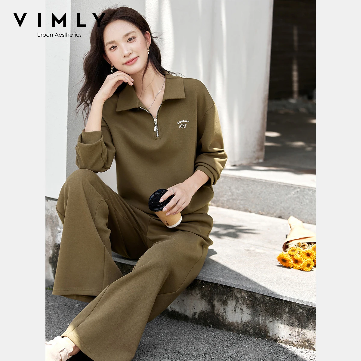 

VIMLY Woman 2 Piece Outfit Pant Sets Casual knitted Elephant Embroidery Turn-down Neck Neck Tops Wide Legs Long Trousers A2100