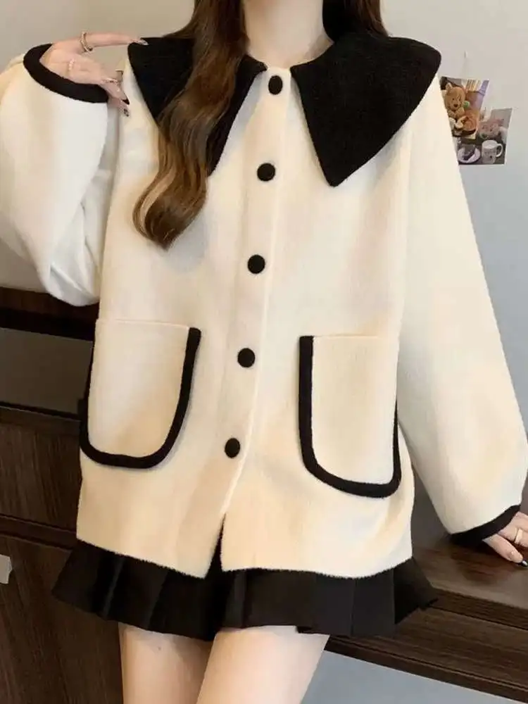 

Женский кардиган больших размеров с уникальным воротником-бэбидолл, осенне-зимний, милый, стройнящий, в корейском стиле, верхняя одежда для женщин