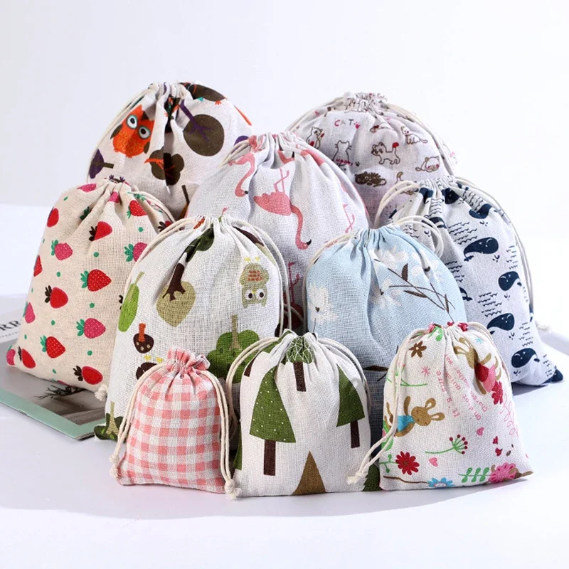 Cotton Cloth Drawstring Bag Cartoon Animals Plants Printed Pouches Dustproof Reusable Gifts Party Favors Storage Bag