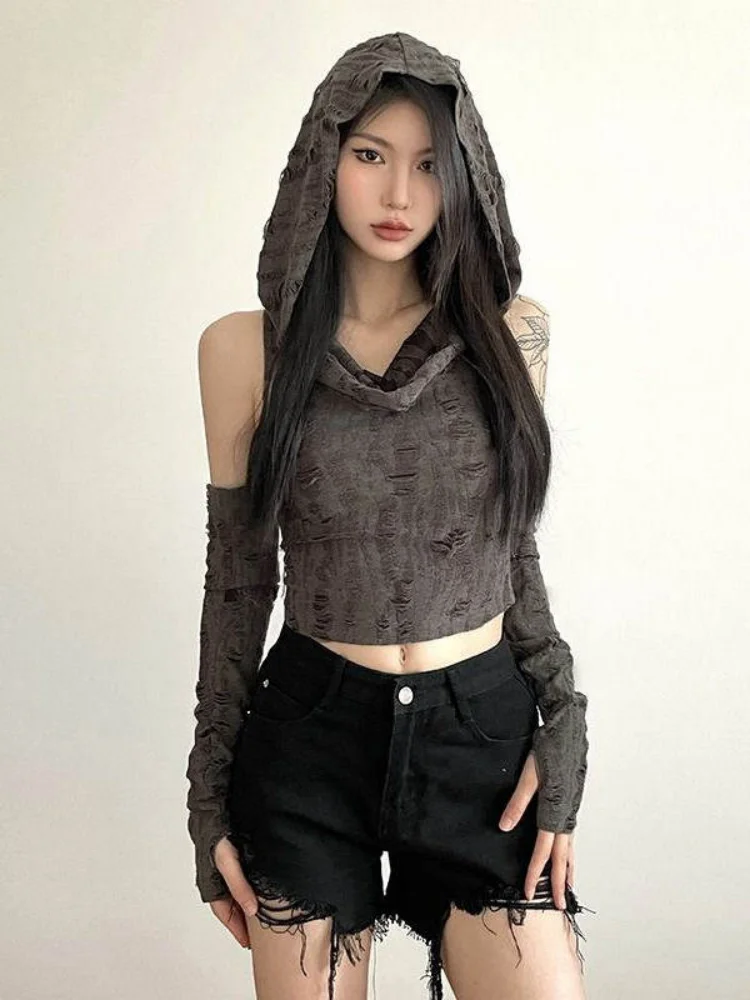 

2026 New American Vintage Dystopian Style Ripped Hooded Sleeve T Shirt For Women Summer Slim Crop Top