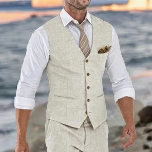 Beige Linen Suit Vest for Men Wedding Summer Beach One Piece Waistcoat V Neck Male  Fashion Cost