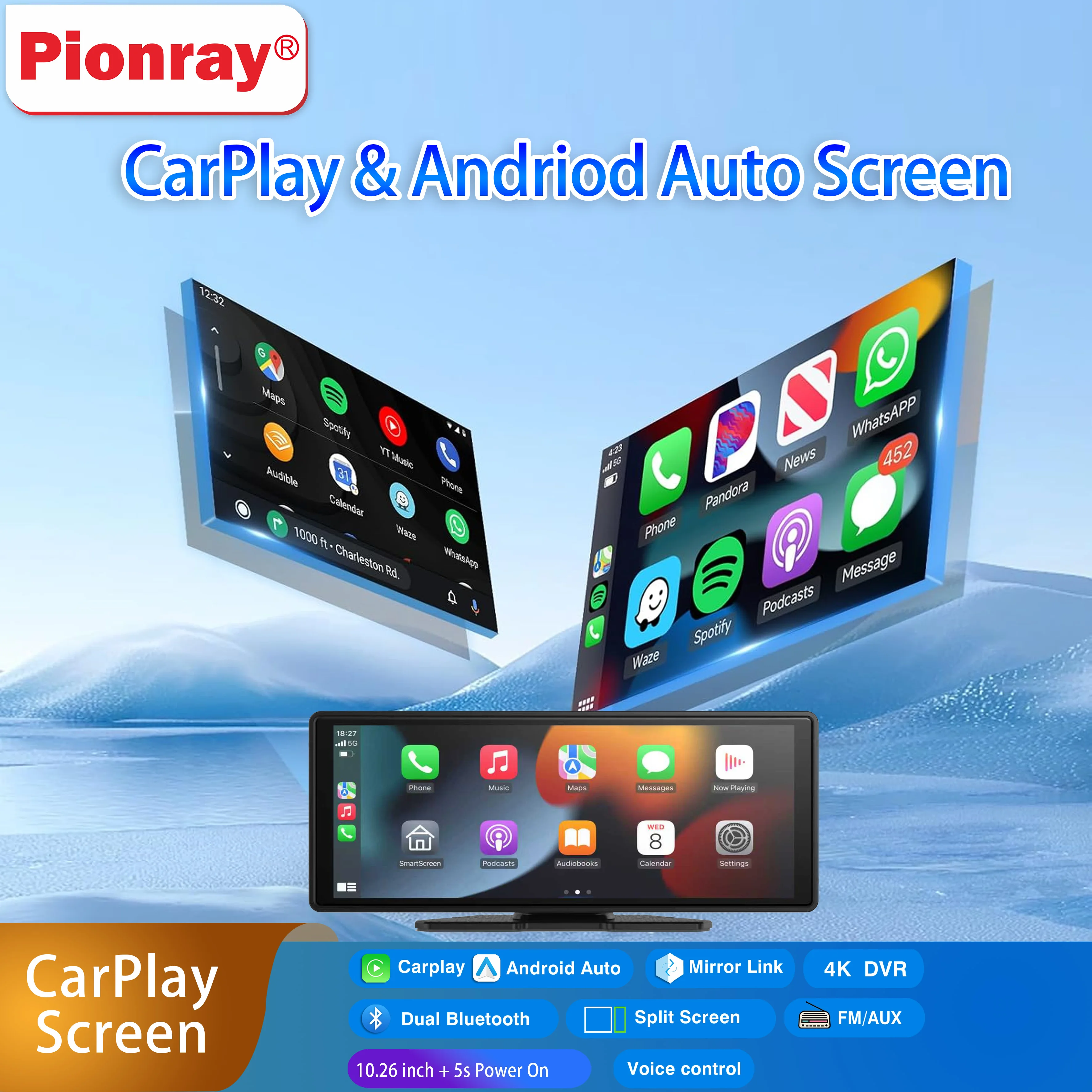 شاشة Carplay اللاسلكية المحمولة للسيارة 10.26 بوصة Carplay وAndroid Auto Car Touch Stereo، مع كاميرا داش وكاميرا احتياطية