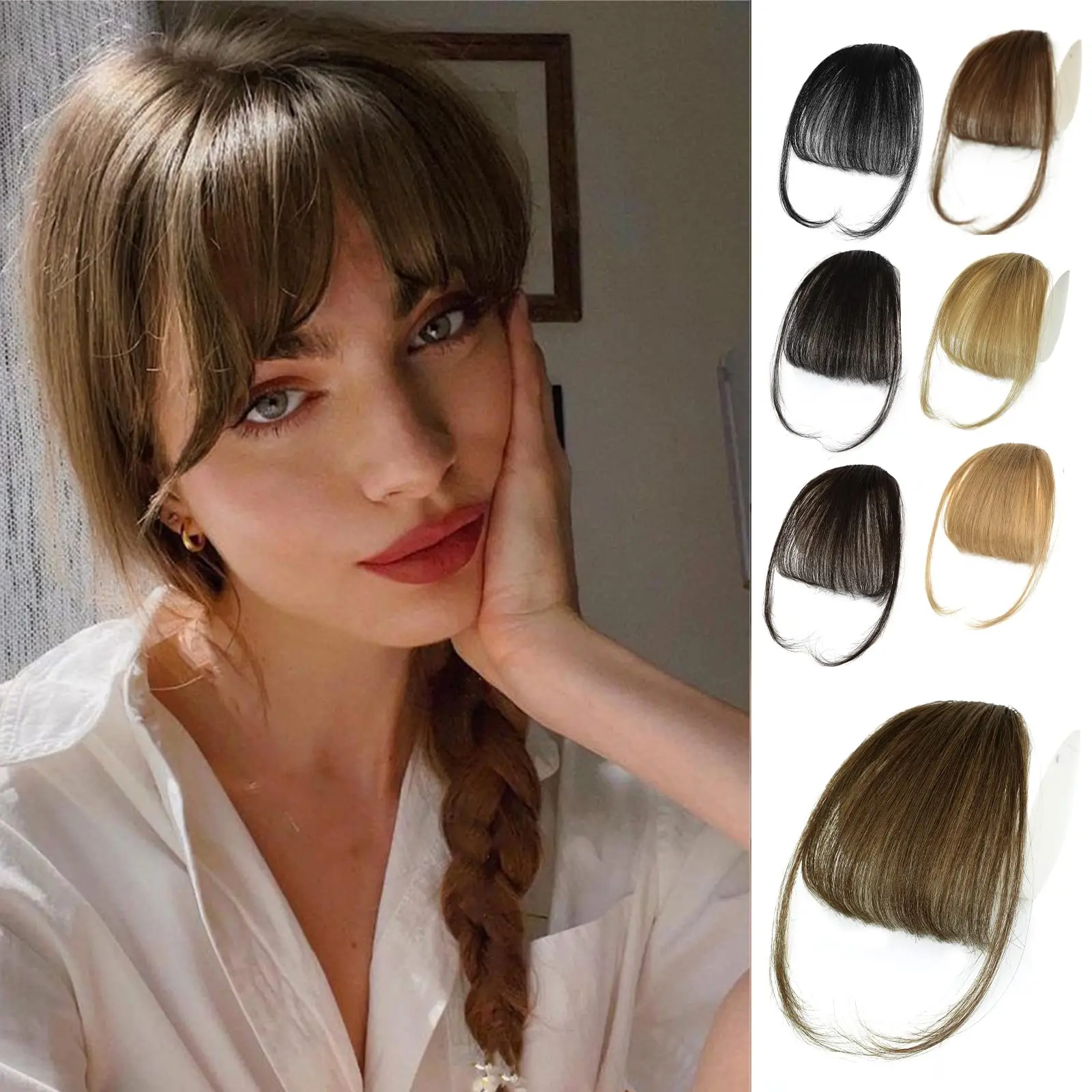 Clip in Hair Extension Human Hair Bangs  Air Bangs Fake Bangs Hairpiece Clip on Wispy Bangs with Temples Bangs Hair Extension