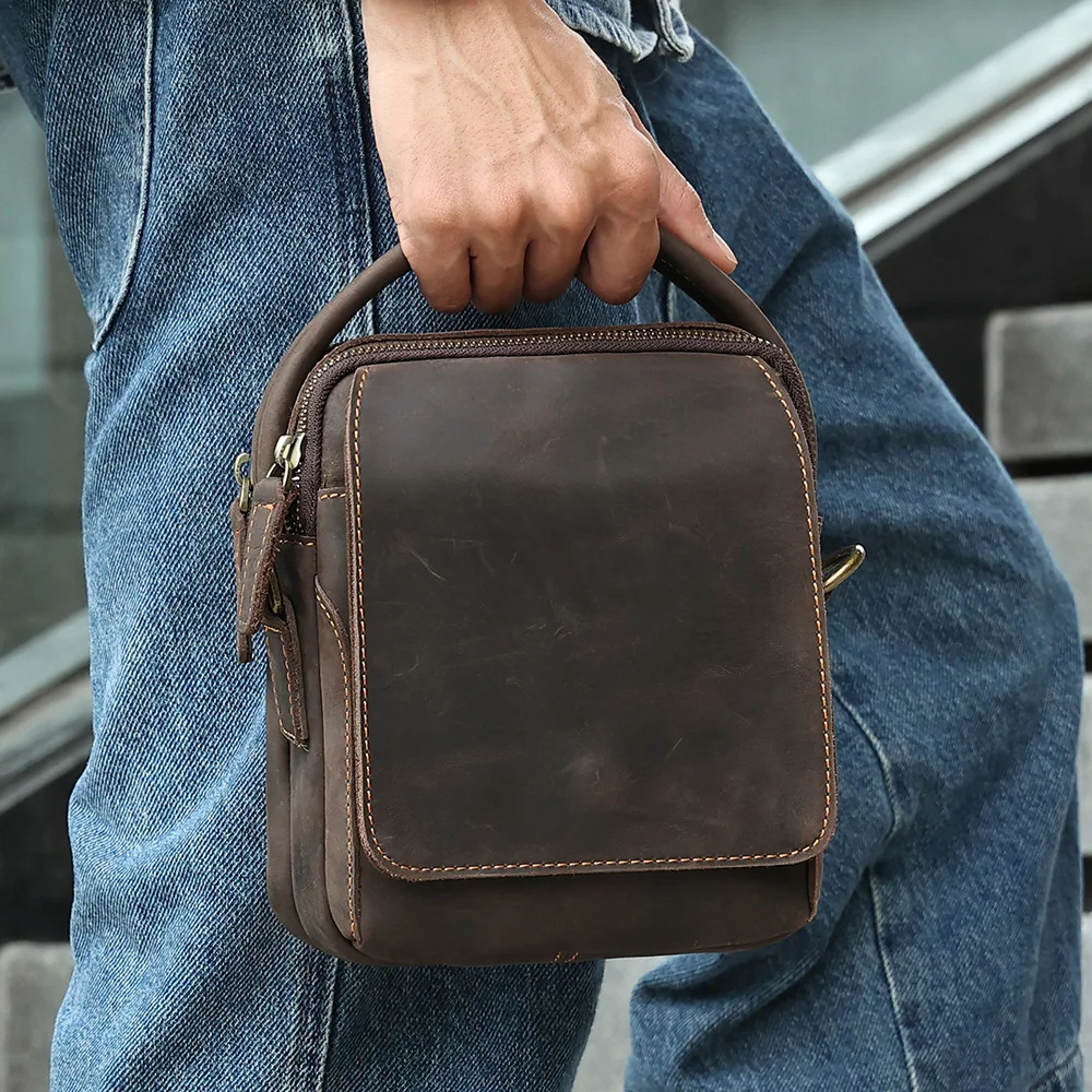 Skóra Crazy Horse torba na ramię Luufan dla mężczyzny w stylu Vintage męska mała podróżna codzienna torby kurierskie typu Crossbody męska torebka torba ze sznurkiem