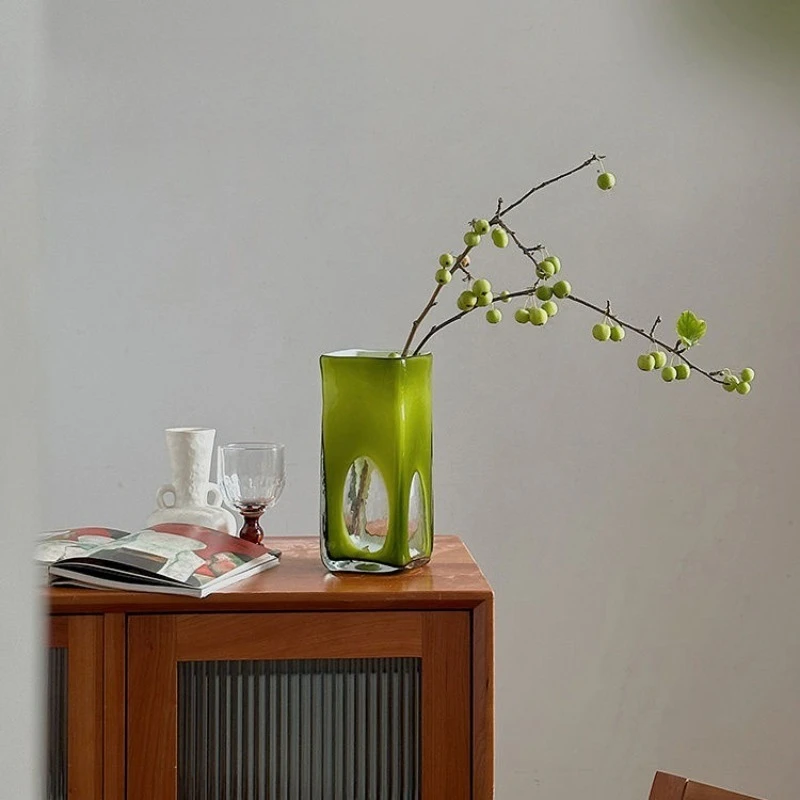 Olive green pure handmade niche art high-end vase flower arrangement retro light luxury