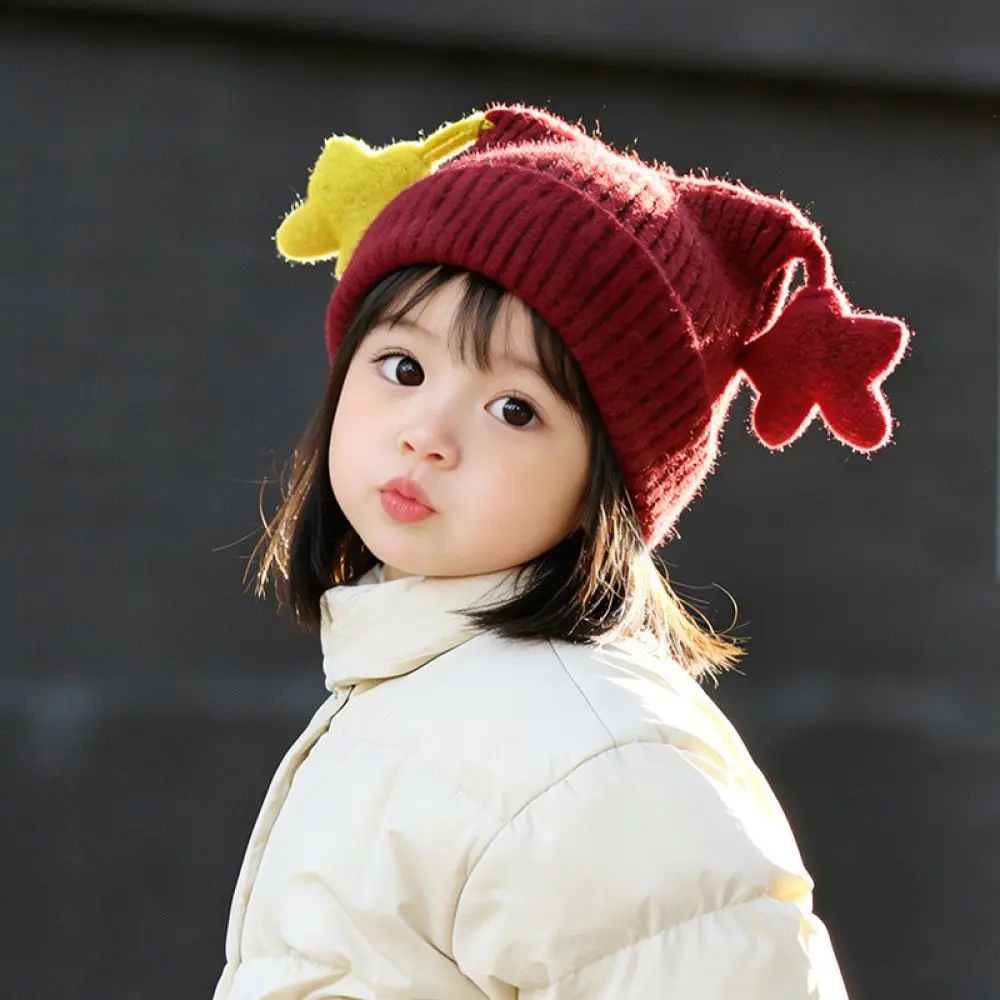Winter Baby Knitted Beanie Hat Thickened Thermal Cap Cute Star Pattern Soft Stretchy Windproof Hat For Small Children