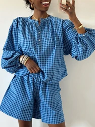 Loung Women Blue Plaid Pjs Sets Sleepwear Fairy Vintage 2024 Autumn Long Sleeve Buttons Shirts Boxer Shorts Pajamas 2 Piece Set