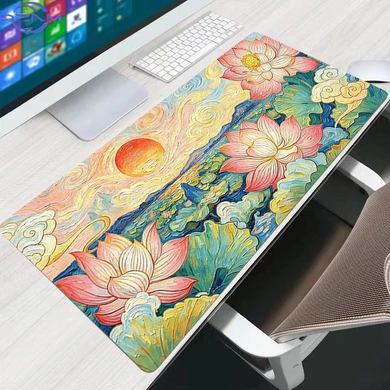Van Gogh Style Pink Lotus Large Mousepad, Non-Slip Rubber Waterproof Extended Desk Mat, Impressionist Swirl Sky Floral Mouse Pad